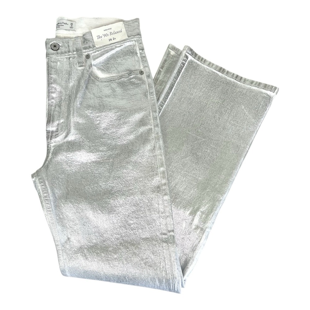 Abercrombie & Fitch 90s Relaxed High Rise Jeans Metallic Silver 26/2R NWT